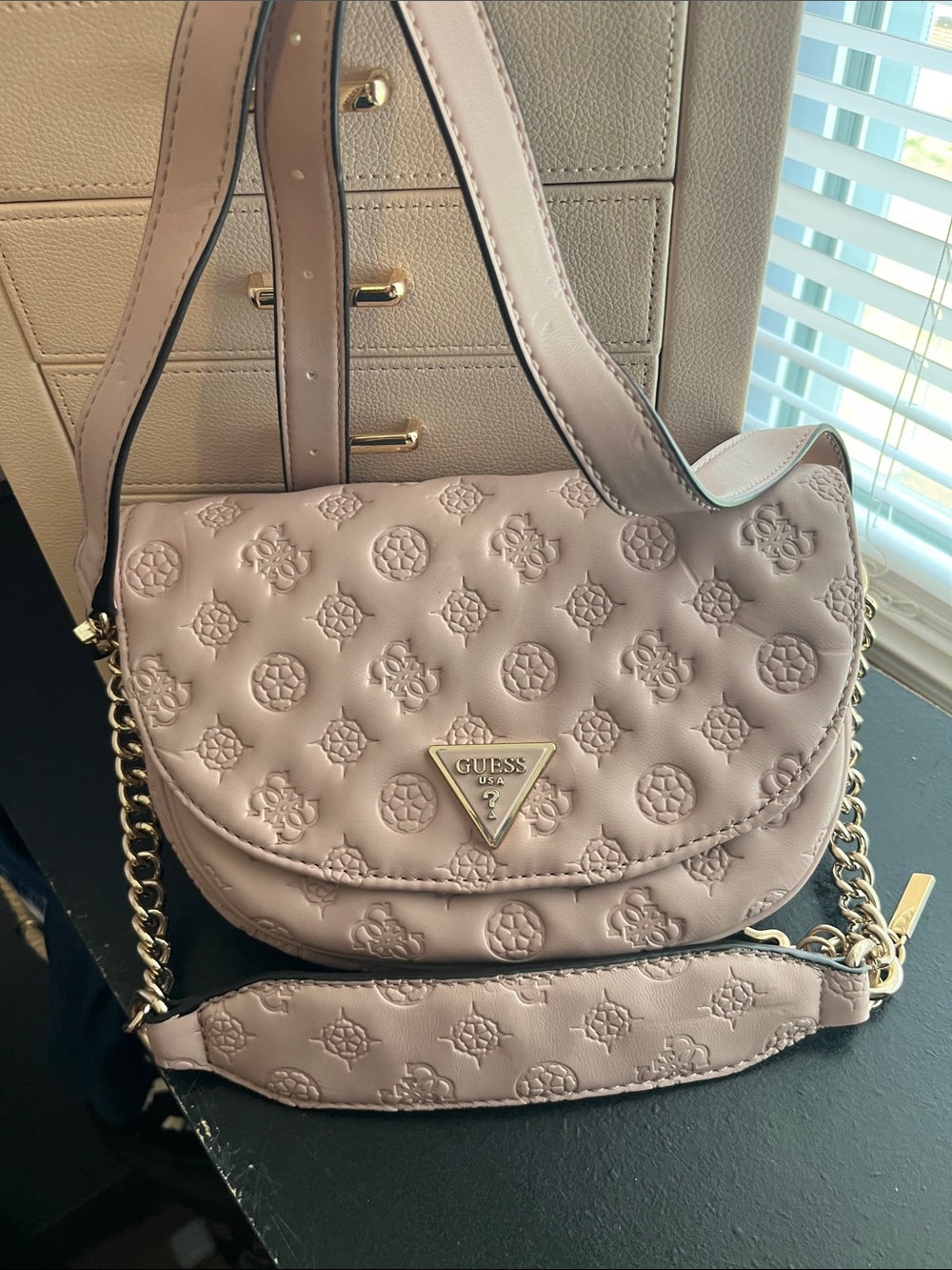 GUESS Quilted Embossed Logo Crossbody Bag in Blush Pink